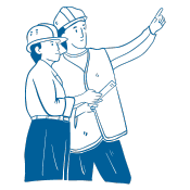 A cartoon style icon of two construction workers with one pointing up to the right