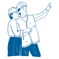 A cartoon style icon of two construction workers with one pointing up to the right